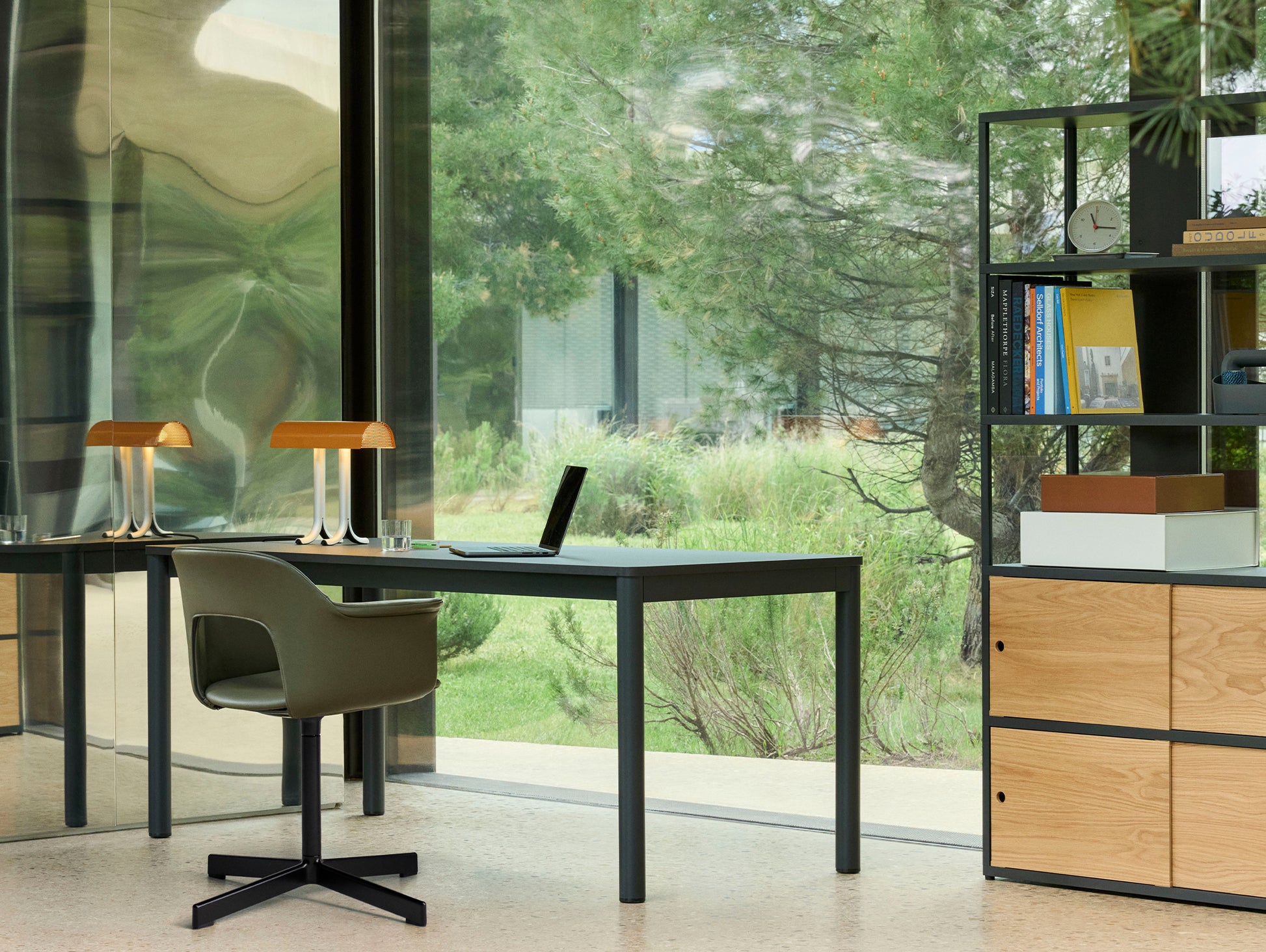 Layout Armchair 234 - Swivel Base by HAY - Black Aluminium Base / Caper Green Grano Leather