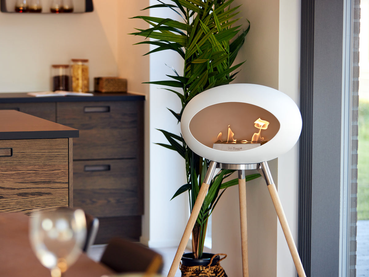 Ground High Fireplace by Le Feu - White Dome / Polished Steel Bowl / Soaped Oak Base