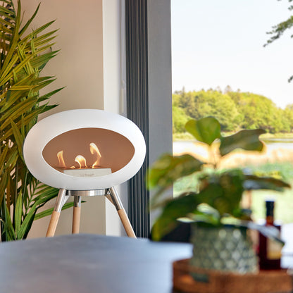 Ground High Fireplace by Le Feu - White Dome / Polished Steel Bowl / Soaped Oak Base