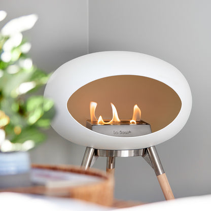 Ground Low Fireplace by Le Feu - White Dome / Polished Steel Bowl / Soaped Oak Base