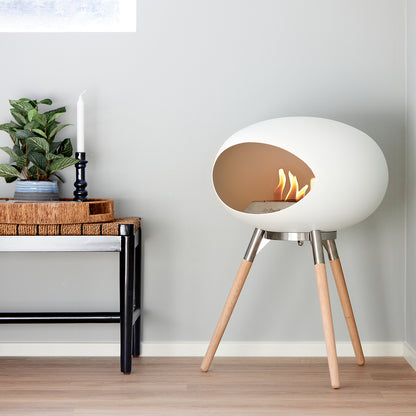 Ground Low Fireplace by Le Feu - White Dome / Polished Steel Bowl / Soaped Oak Base
