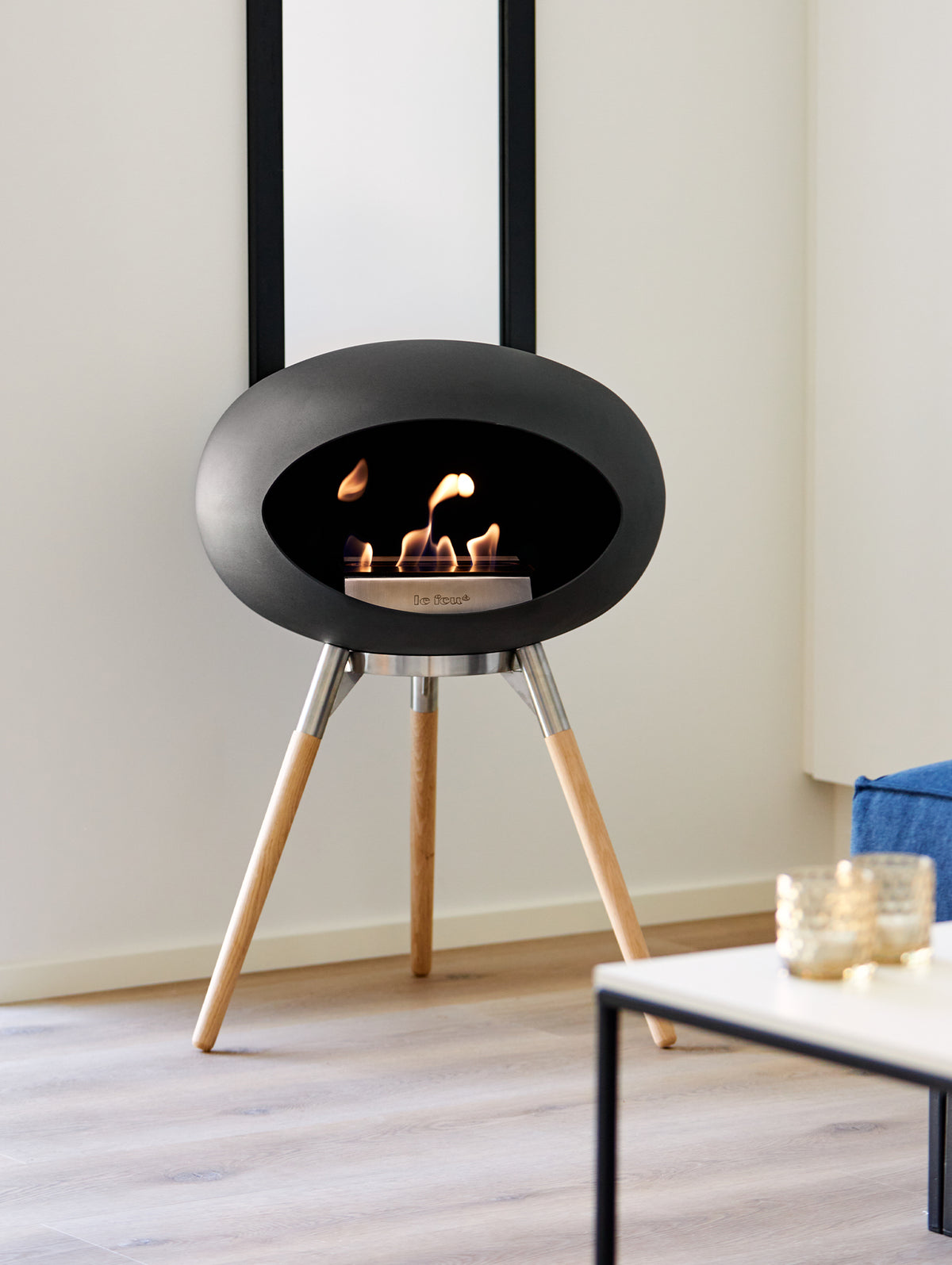 Ground Low Fireplace by Le Feu - Black Dome / Polished Steel Bowl / Soaped Oak Base