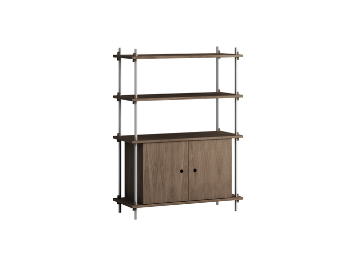Shelving System Sets (115 cm) - by Moebe / S.115.1.B / Stainless Steel  Uprights / Smoked Oak 