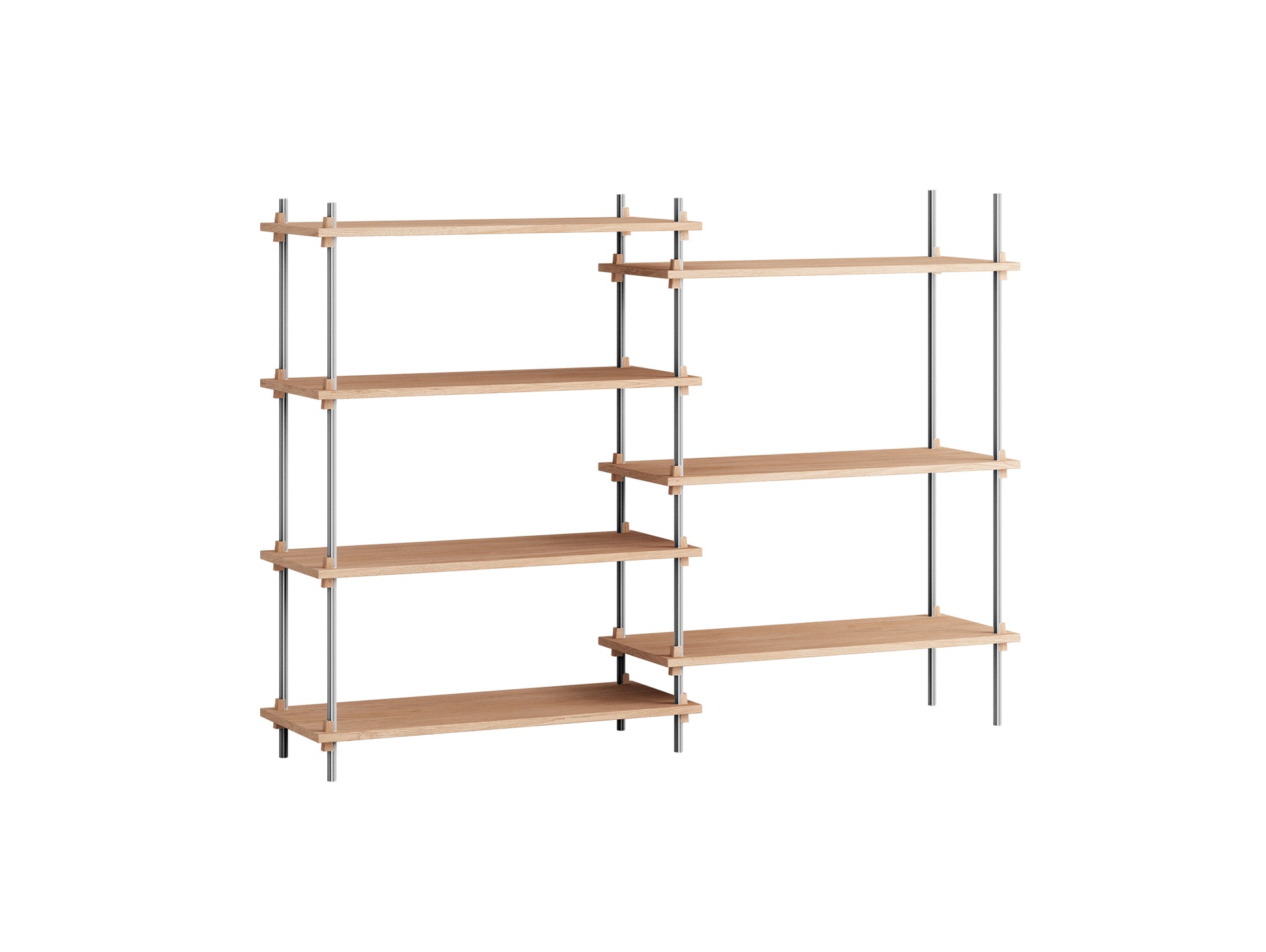 Shelving System Sets (115 cm) - by Moebe / S.115.2.A / Stainless Steel  Uprights / Oiled Oak 