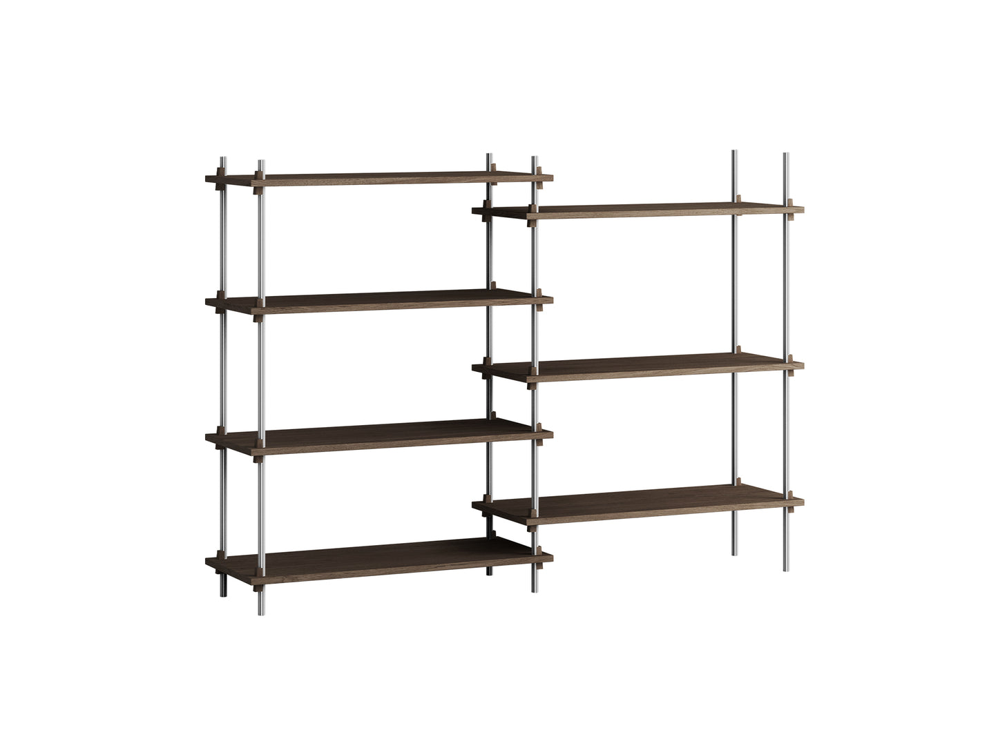Shelving System Sets (115 cm) - by Moebe / S.115.2.A / Stainless Steel  Uprights / Smoked Oak 