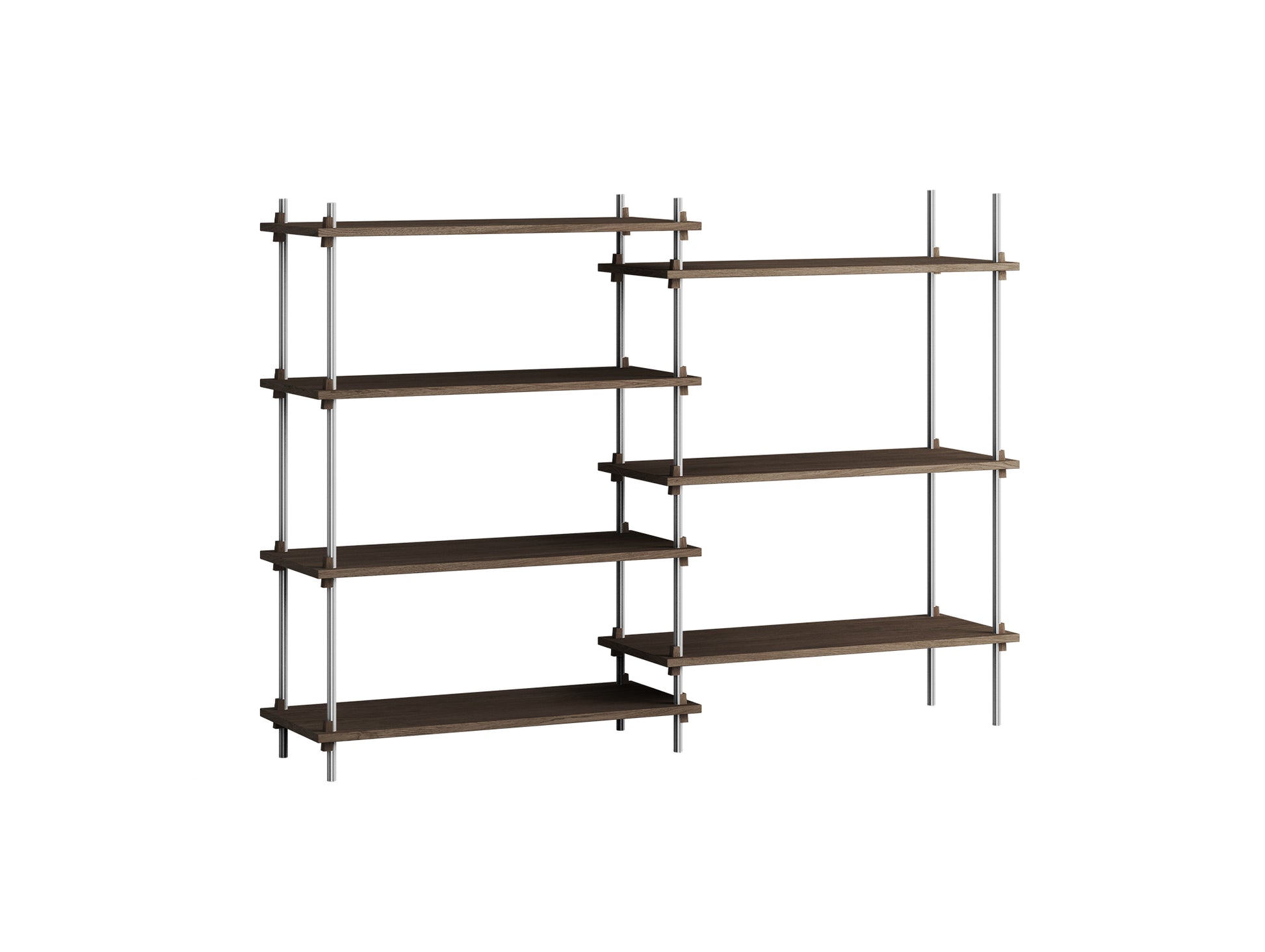 Shelving System Sets (115 cm) - by Moebe / S.115.2.A / Stainless Steel  Uprights / Smoked Oak 