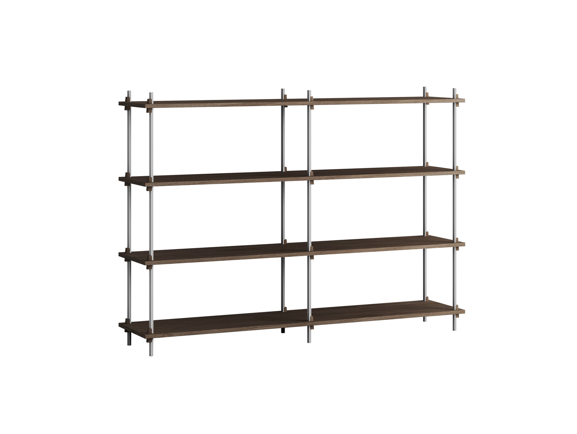 Shelving System Sets (115 cm) - by Moebe / S.115.2.B / Stainless Steel  Uprights / Smoked Oak 