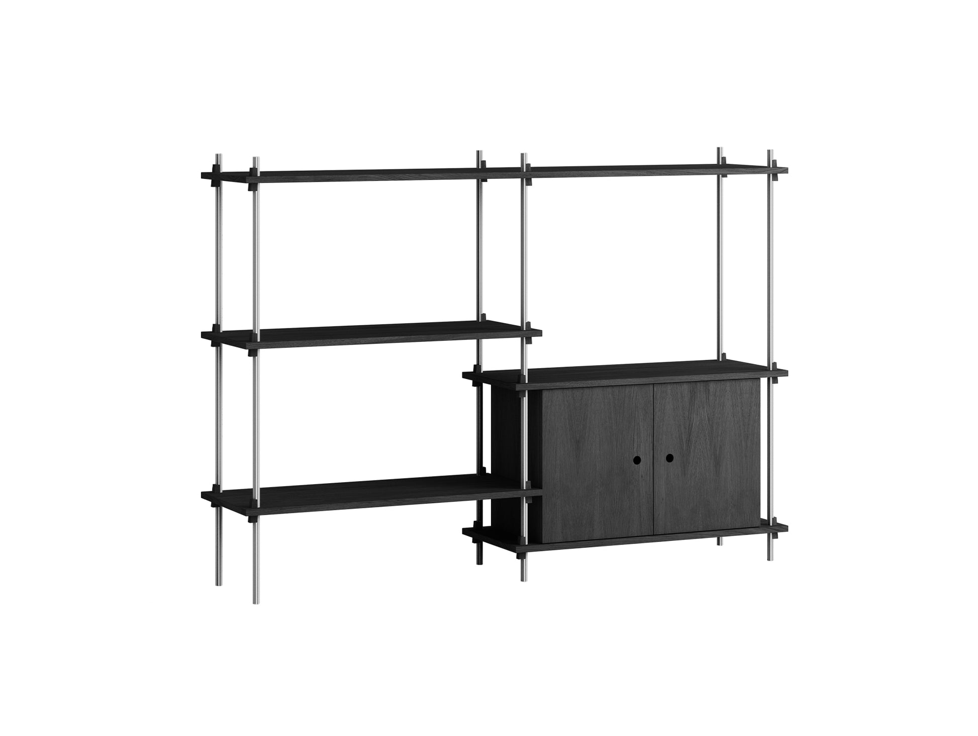 Shelving System Sets (115 cm) - by Moebe / S.115.2.C / Stainless Steel  Uprights / Black Painted Oak 
