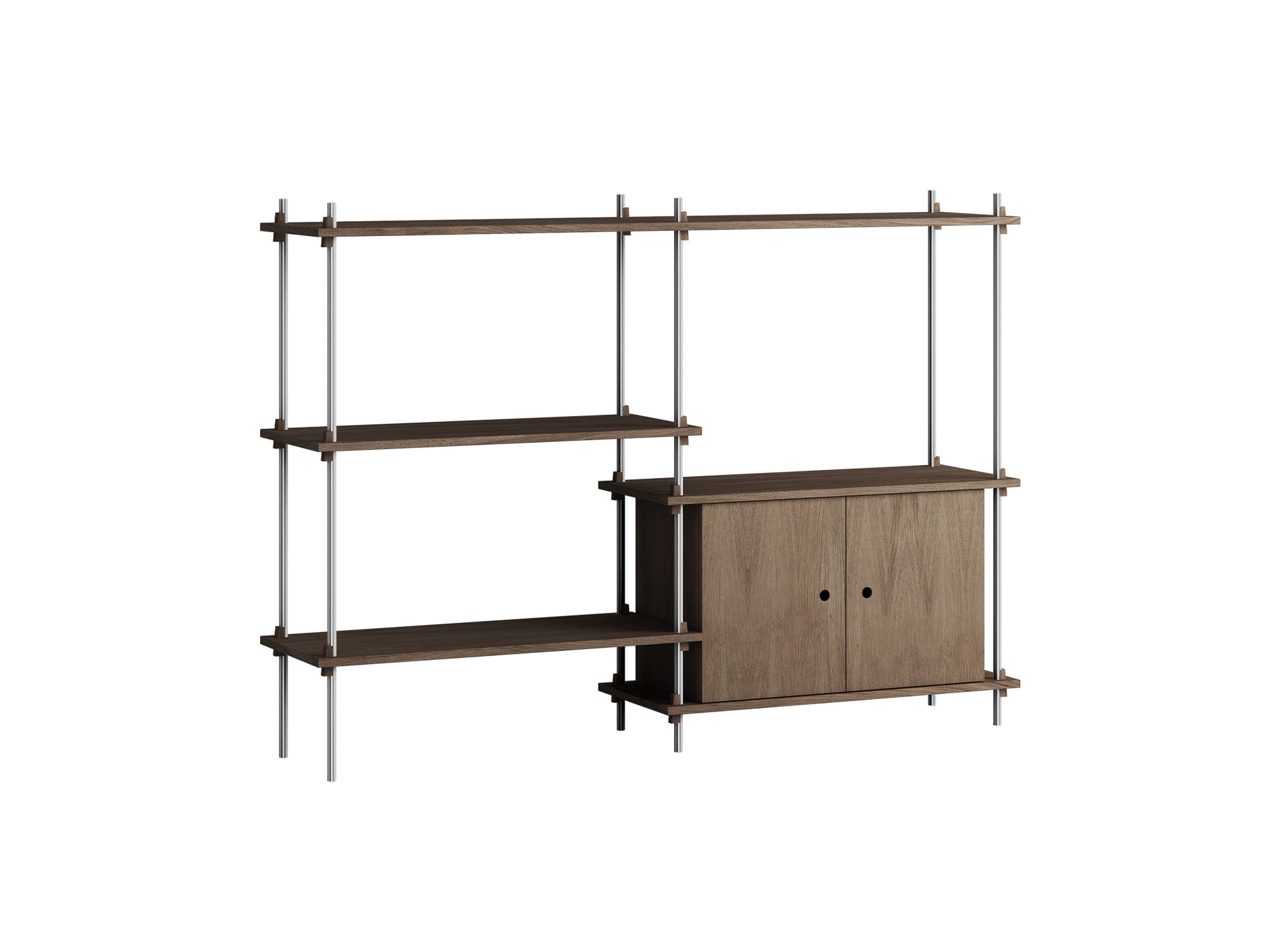 Shelving System Sets (115 cm) - by Moebe / S.115.2.C / Stainless Steel  Uprights / Smoked Oak 