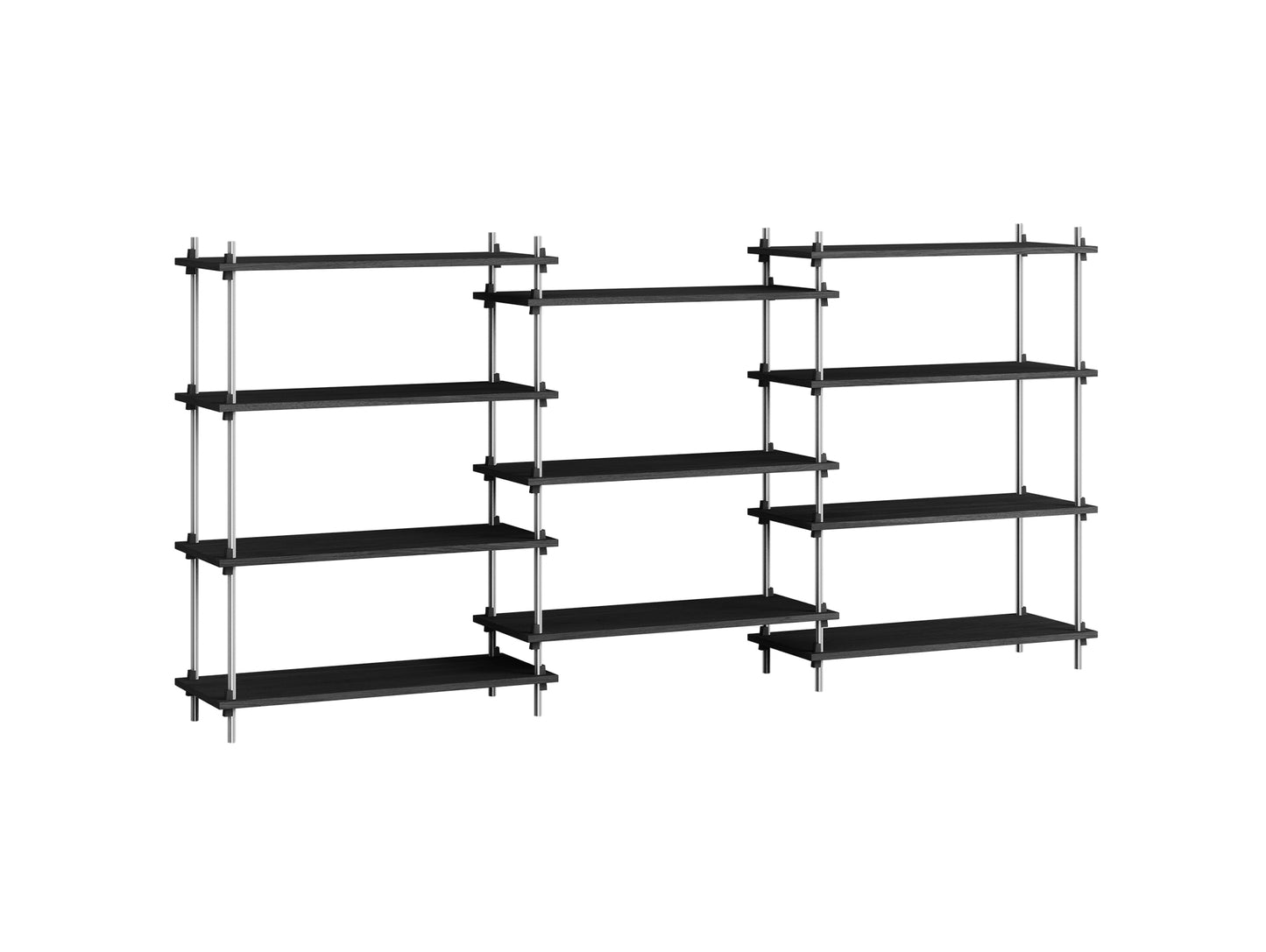 Shelving System Sets (115 cm) - by Moebe / S.115.3.A / Stainless Steel  Uprights / Black Painted Oak 