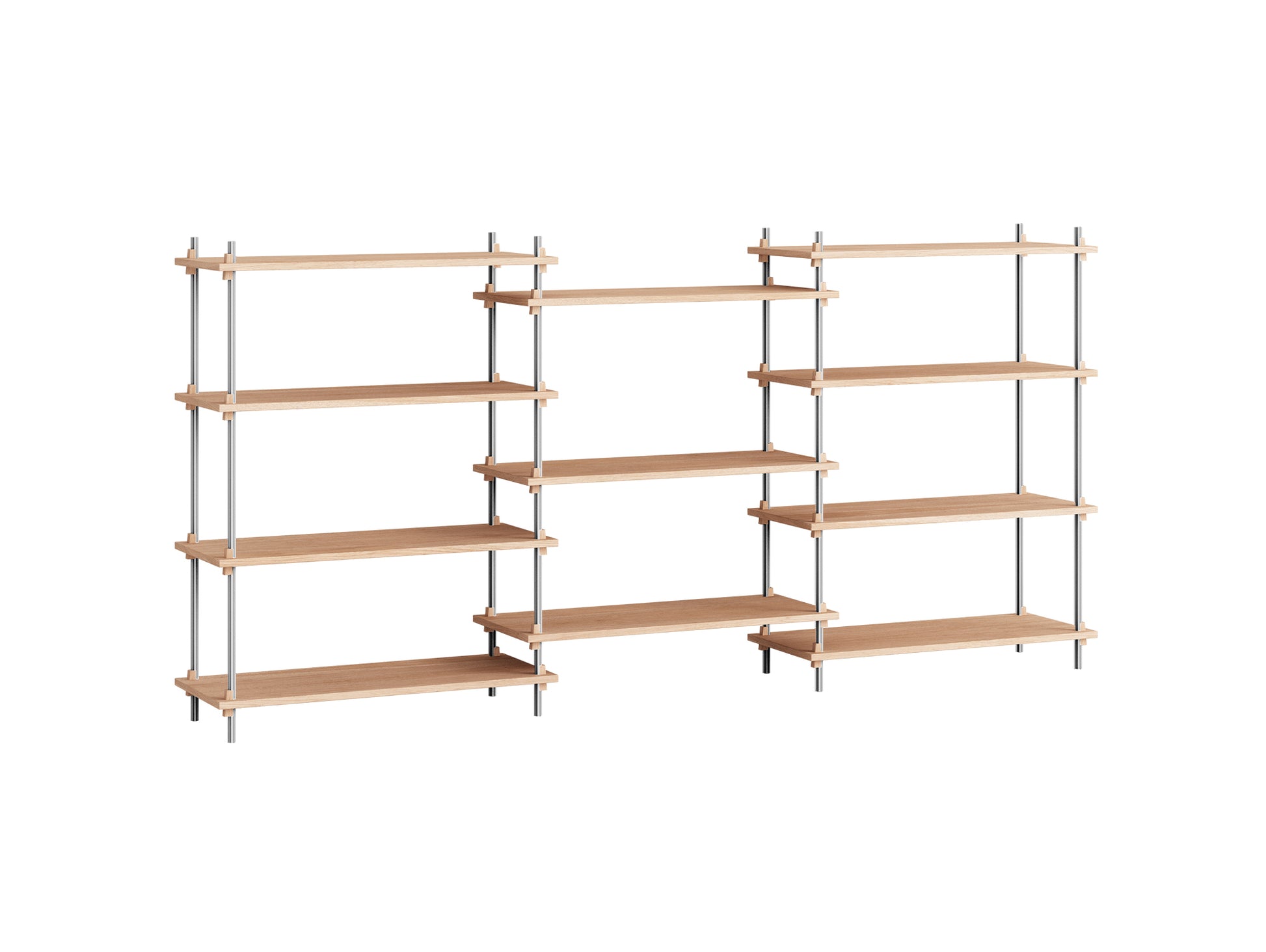 Shelving System Sets (115 cm) - by Moebe / S.115.3.A / Stainless Steel  Uprights / Oiled Oak