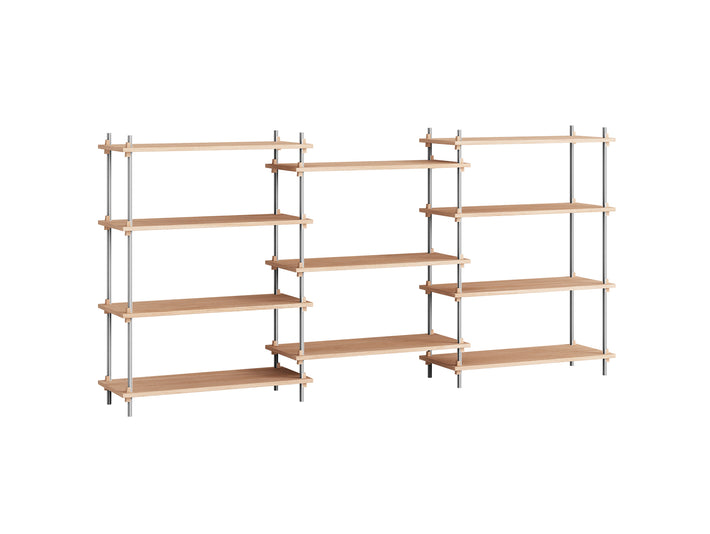 Shelving System Sets (115 cm) - by Moebe / S.115.3.A / Stainless Steel  Uprights / Oiled Oak