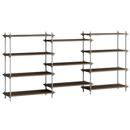 Shelving System Sets (115 cm) - by Moebe / S.115.3.A / Stainless Steel  Uprights / Smoked Oak