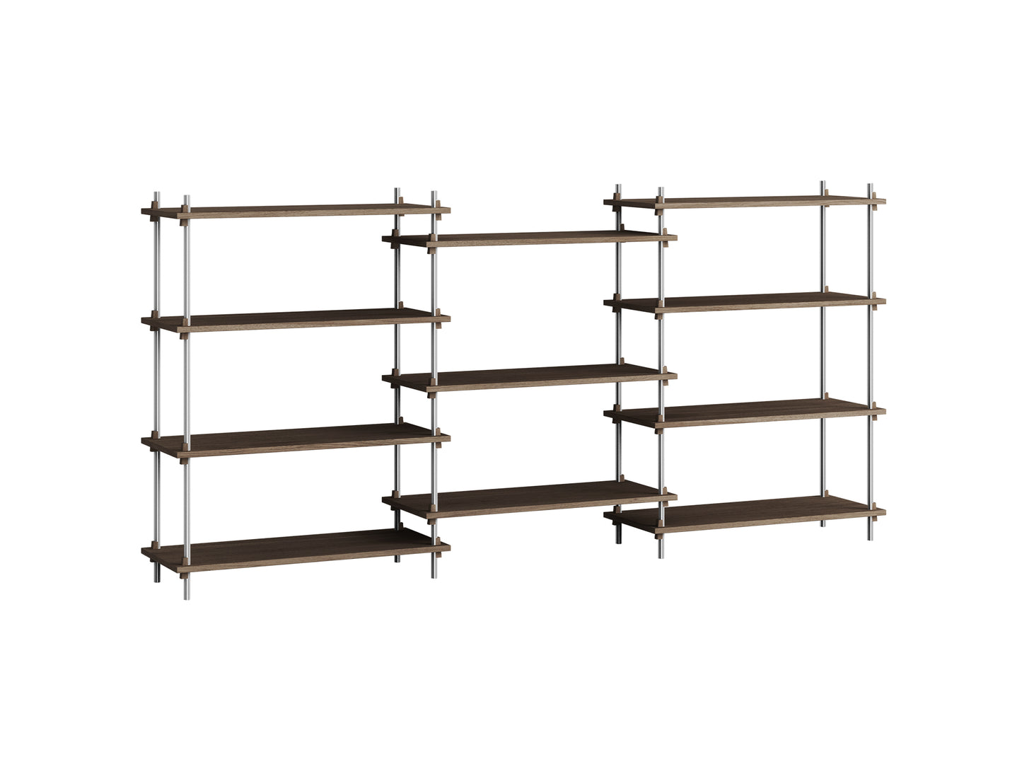 Shelving System Sets (115 cm) - by Moebe / S.115.3.A / Stainless Steel  Uprights / Smoked Oak