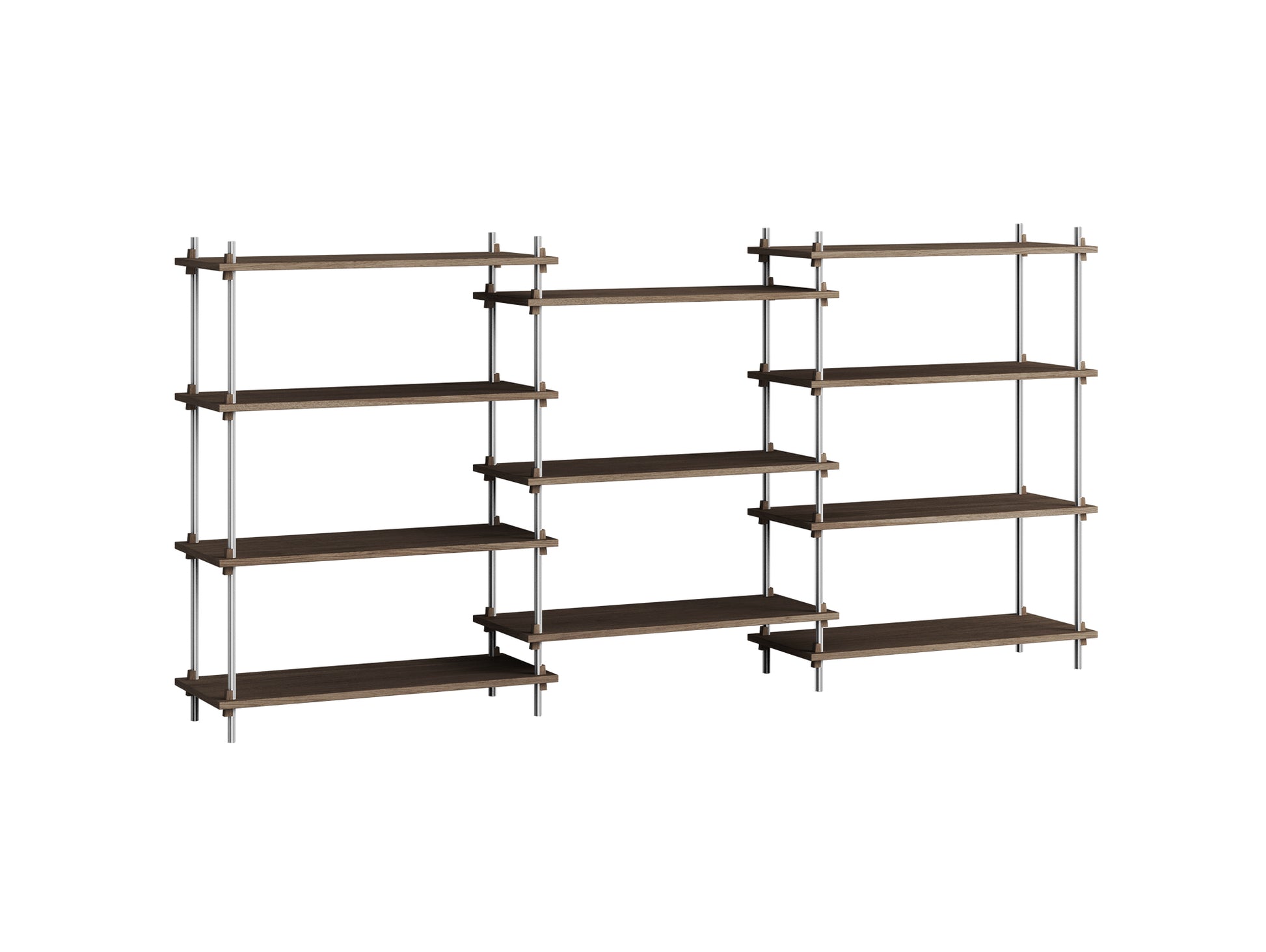 Shelving System Sets (115 cm) - by Moebe / S.115.3.A / Stainless Steel  Uprights / Smoked Oak