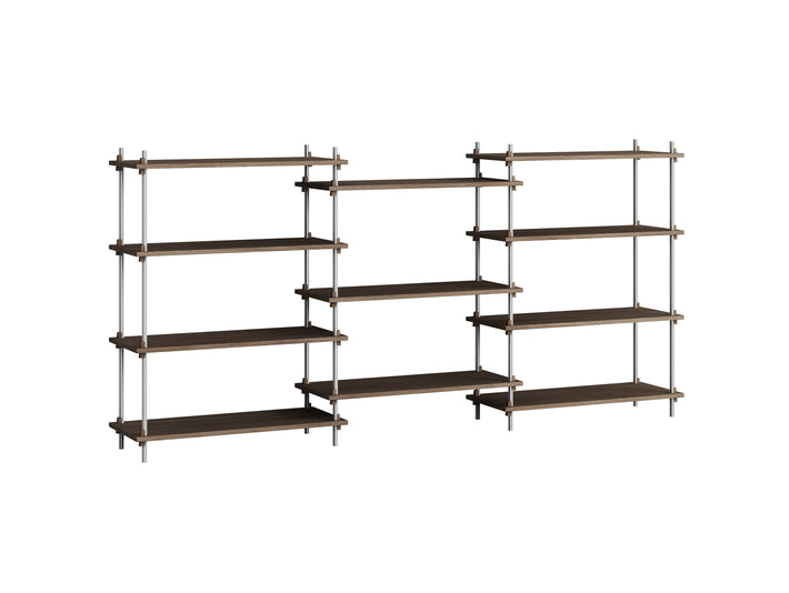 Shelving System Sets (115 cm) - by Moebe / S.115.3.A / Stainless Steel  Uprights / Smoked Oak