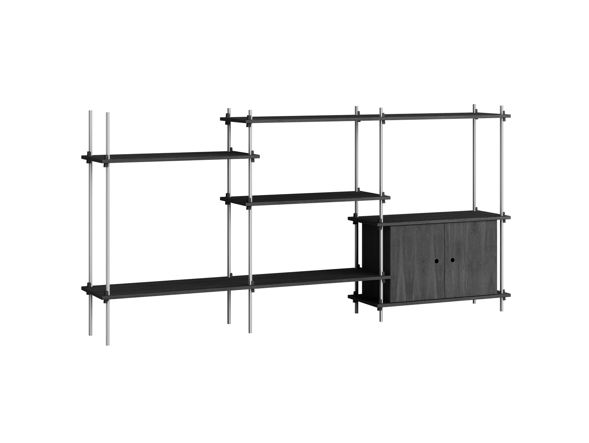Shelving System Sets (115 cm) - by Moebe / S.115.3.B / Stainless Steel  Uprights / Black Painted Oak
