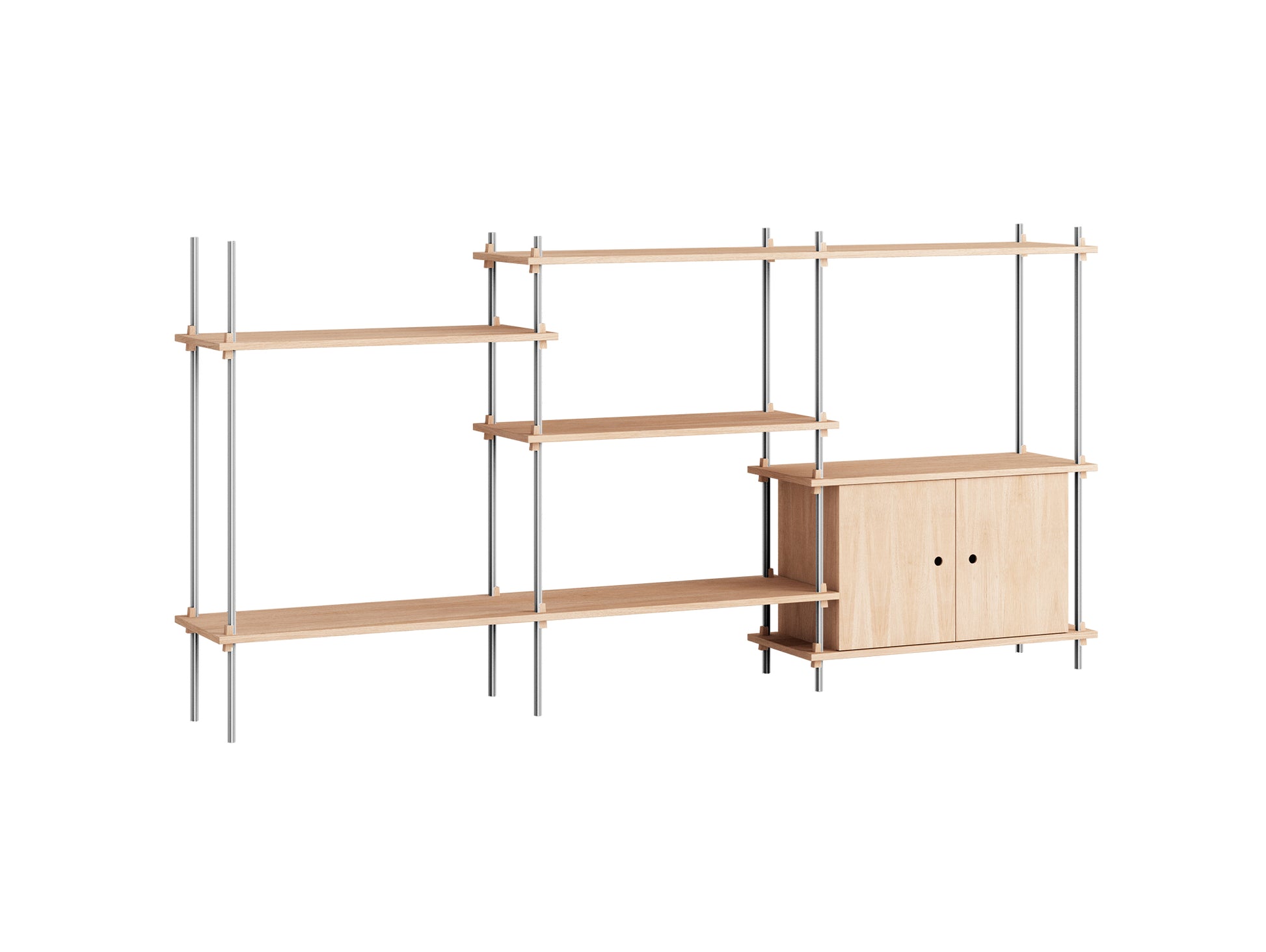 Shelving System Sets (115 cm) - by Moebe / S.115.3.B / Stainless Steel  Uprights / Oiled Oak
