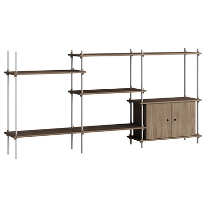 Shelving System Sets (115 cm) - by Moebe / S.115.3.B / Stainless Steel  Uprights / Smoked Oak