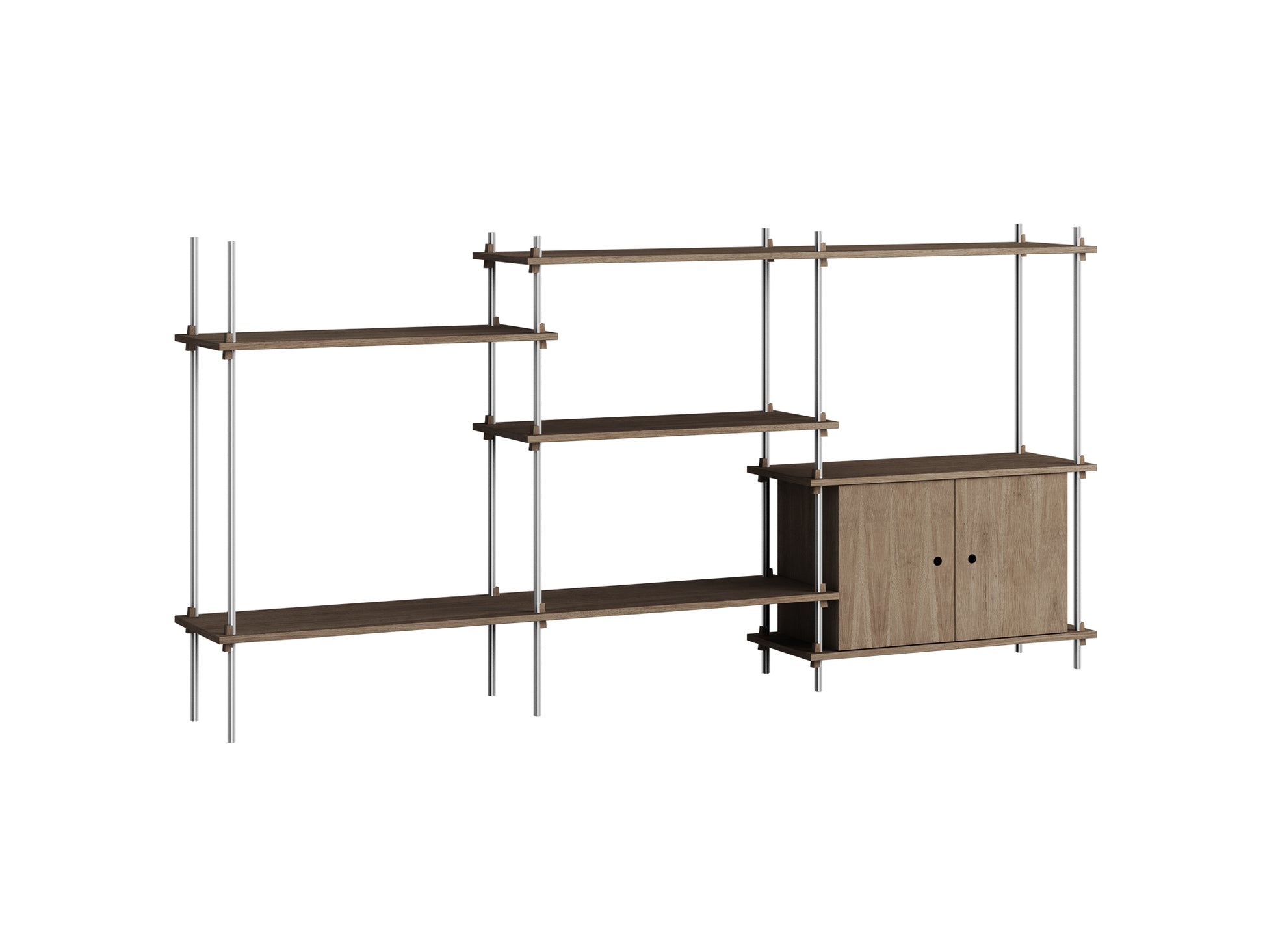 Shelving System Sets (115 cm) - by Moebe / S.115.3.B / Stainless Steel  Uprights / Smoked Oak