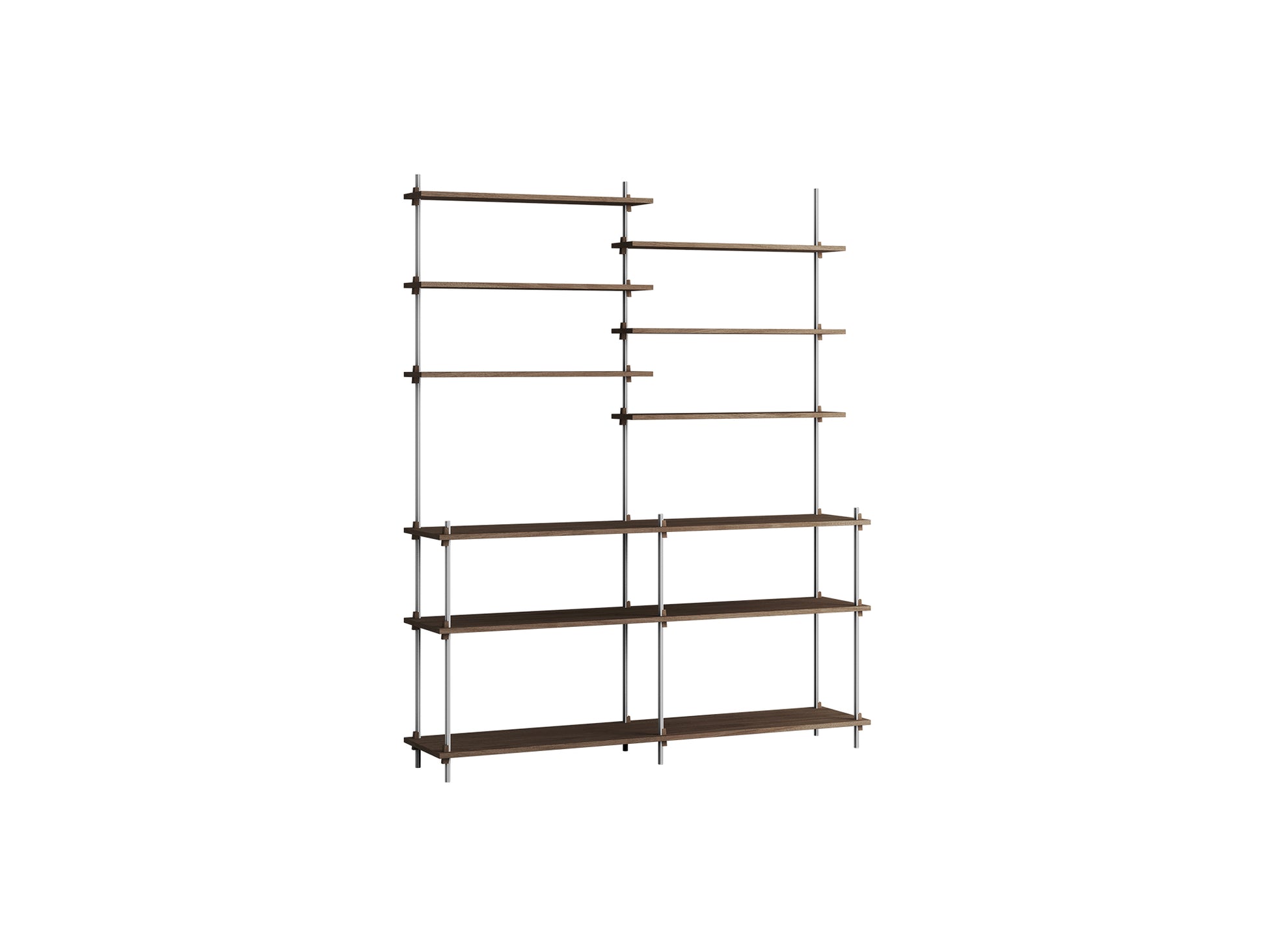 Shelving System Sets (200 cm) by Moebe / S.200.2.D / Stainless Steel Uprights / Smoked Oak 