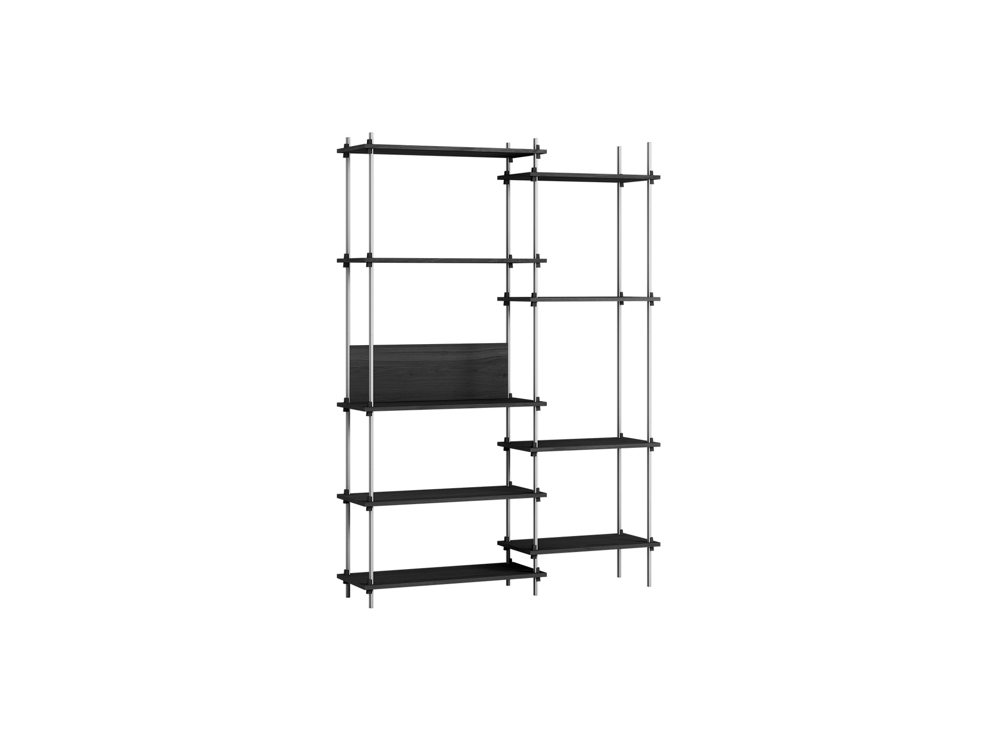 Shelving System Sets (200 cm) by Moebe / S.200.2.J / Stainless Steel Uprights / Black Painted Oak 
