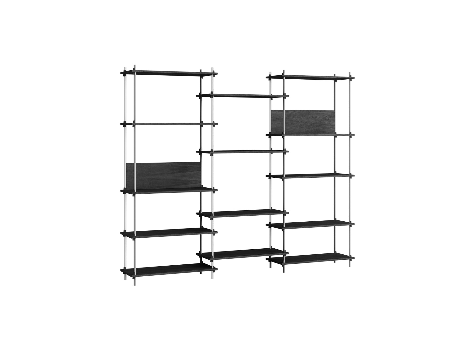 Shelving System Sets (200 cm) by Moebe / S.200.3.A / Stainless Steel Uprights / Black Painted Oak 
