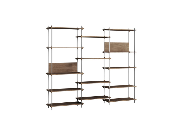 Shelving System Sets (200 cm) by Moebe / S.200.3.A / Stainless Steel Uprights / Smoked Oak 