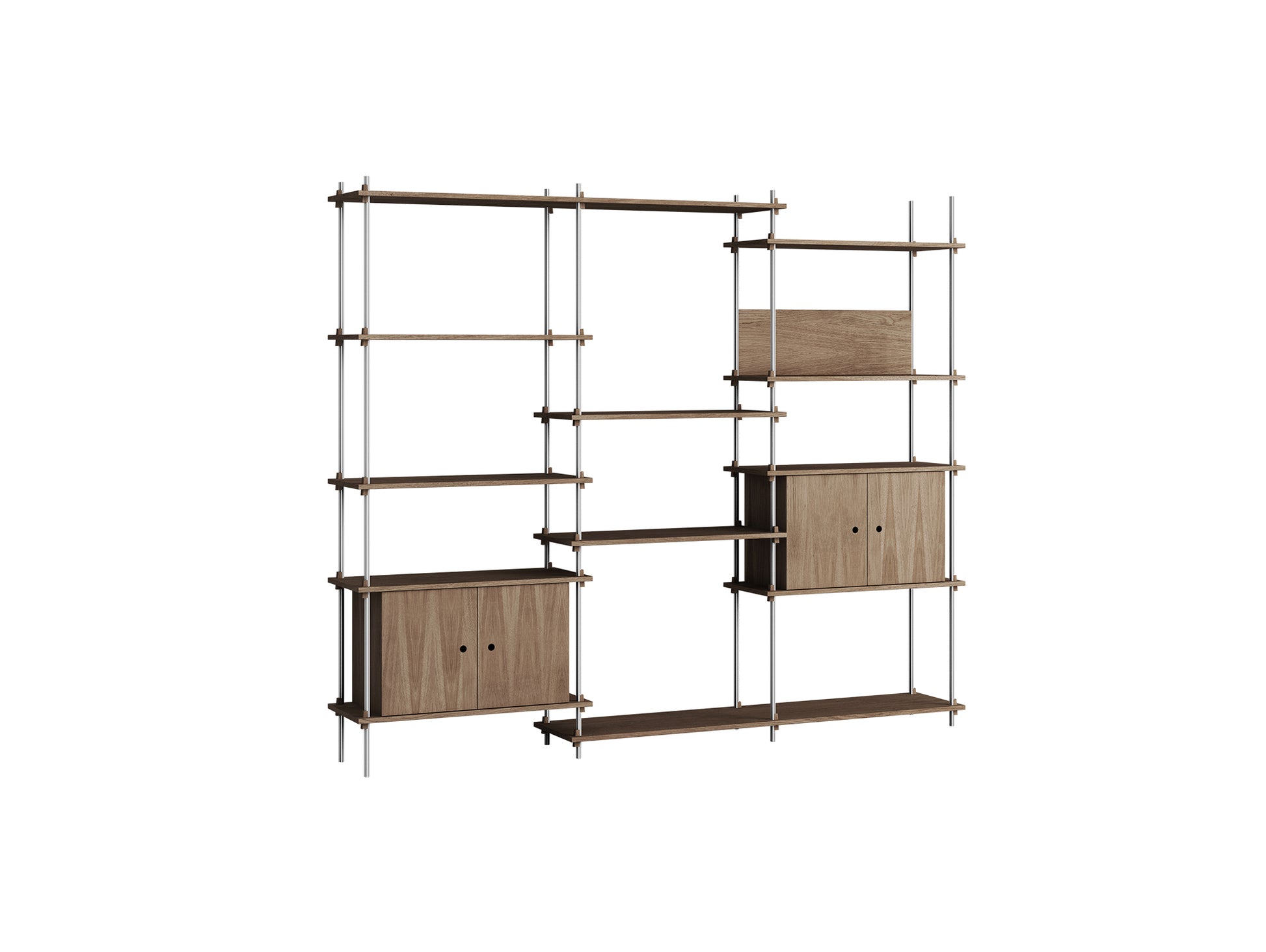 Shelving System Sets (200 cm) by Moebe / S.200.3.B / Stainless Steel Uprights / Smoked Oak 