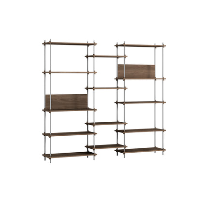 Shelving System Sets (200 cm) by Moebe / S.200.3.E / Stainless Steel Uprights / Smoked Oak