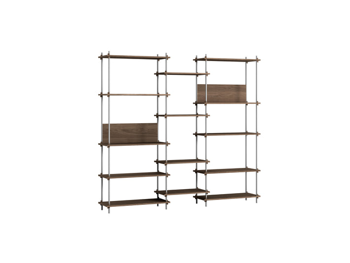 Shelving System Sets (200 cm) by Moebe / S.200.3.E / Stainless Steel Uprights / Smoked Oak