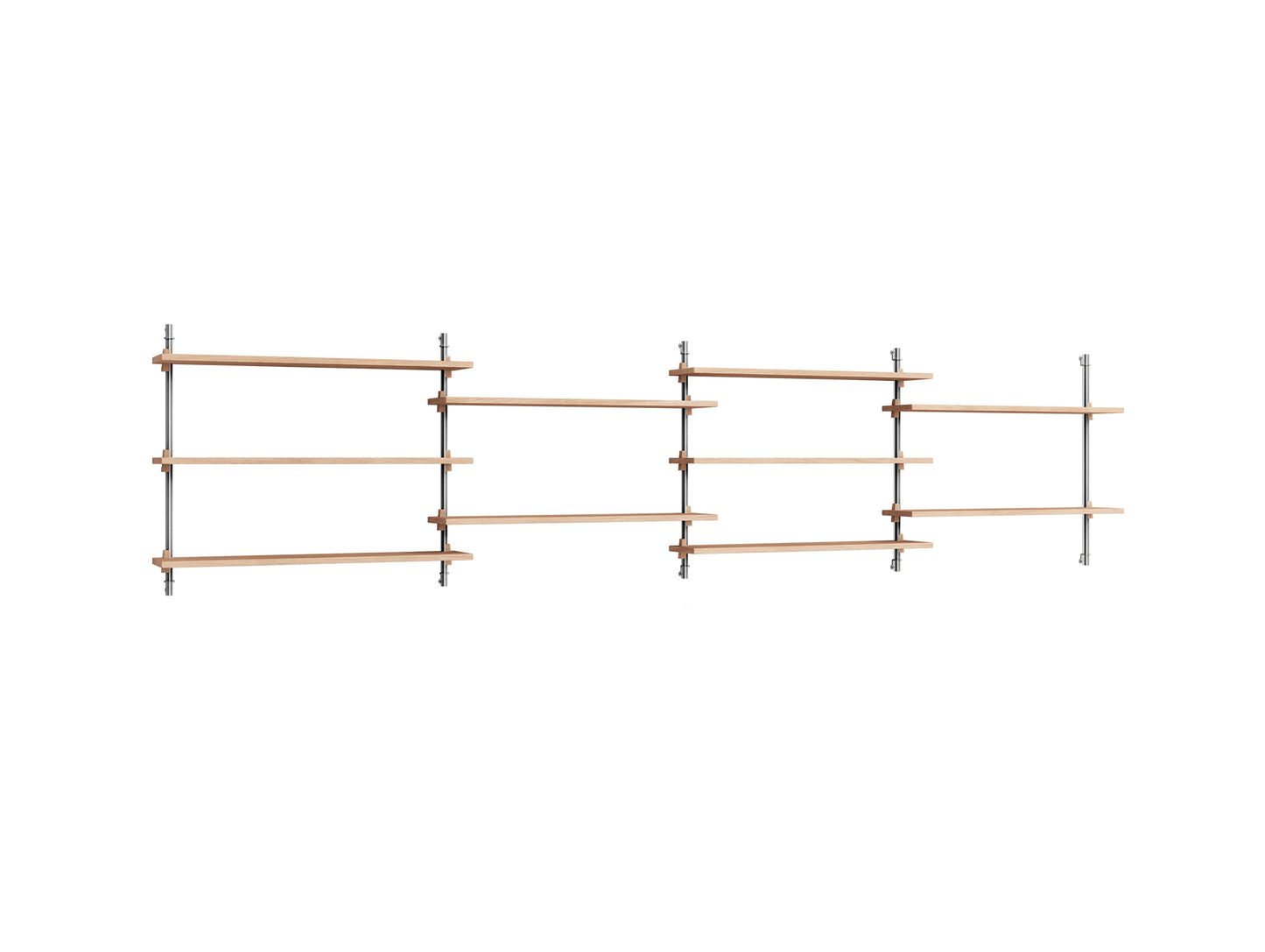 Wall Shelving System Sets WS.65.4 by Moebe - Stainless Steel Uprights / Oiled Oak