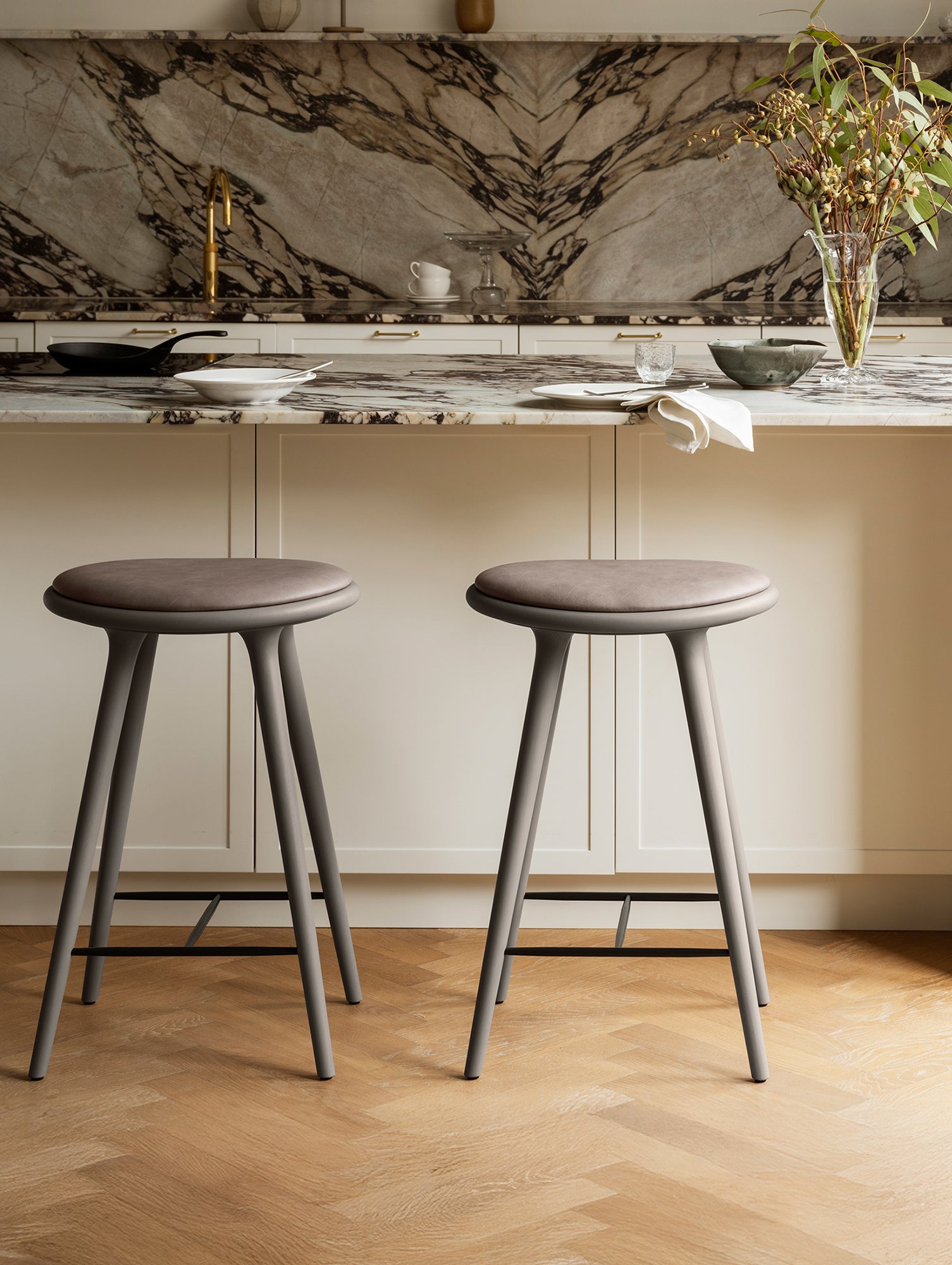 Mater High Stool - Grey Stained Beech Base / Burned Grey Leather Seat