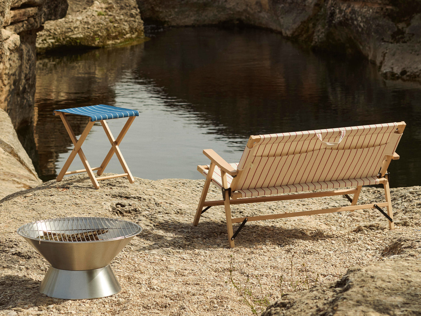 Outdoor Market Folding Stool by HAY -  Blue with Beige Stripe