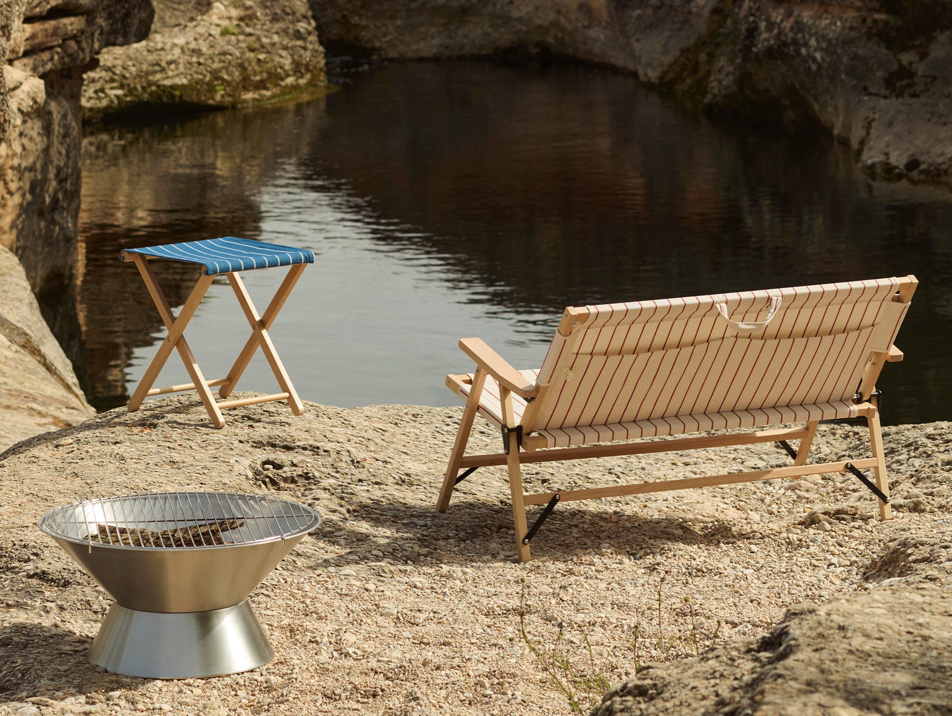 Outdoor Market Folding Stool by HAY -  Blue with Beige Stripe