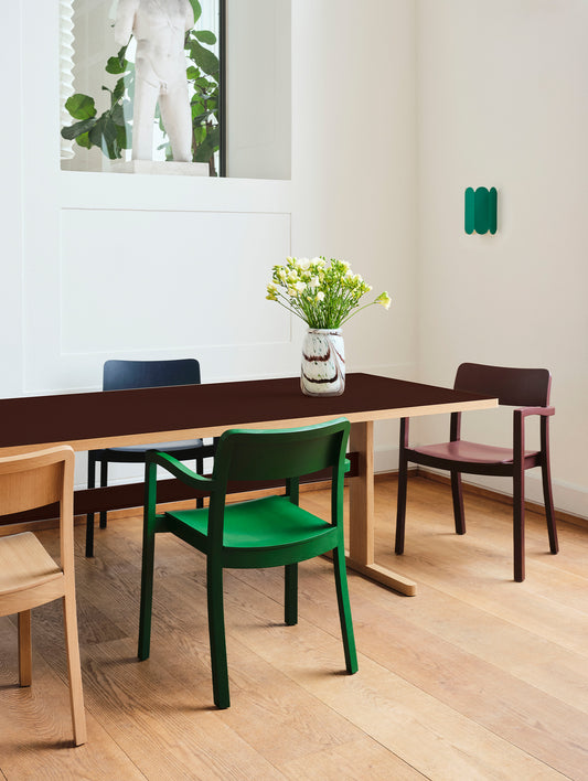 Passerelle Table 200 x 90 cm / Burgundy Laminate, Crossbar and Oak Base / Discontinued