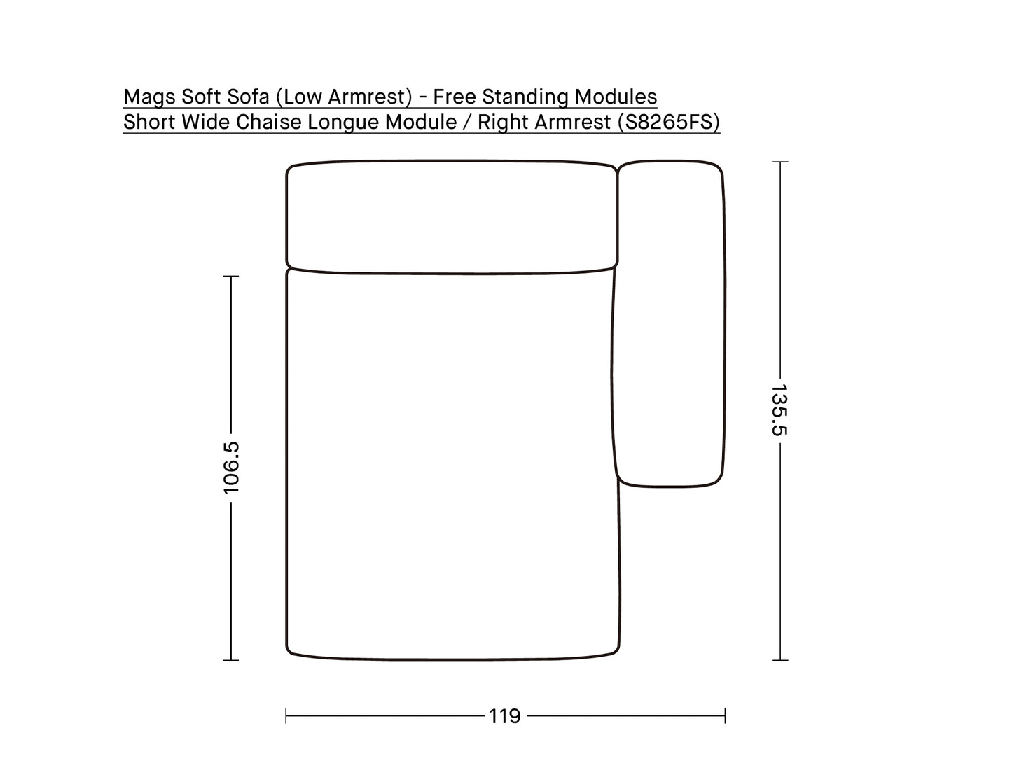 Mags Soft Sofa (Low Armrest) - Free Standing Modules by HAY / Short Wide Chaise Longue Module / Right Armrest (S8265FS)