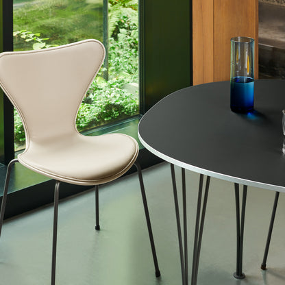 Series 7™ 3107 Dining Chair (Front Upholstered) by Fritz Hansen - Warm Graphite Steel / Front: Essential Light Grey Leather / Back: Light Beige Lacquered Veneer