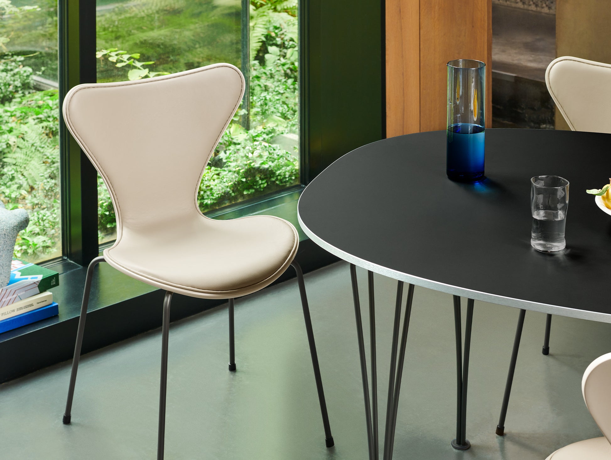 Series 7™ 3107 Dining Chair (Front Upholstered) by Fritz Hansen - Warm Graphite Steel / Front: Essential Light Grey Leather / Back: Light Beige Lacquered Veneer