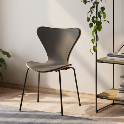 Series 7™ 3107 Dining Chair (Front Upholstered) by Fritz Hansen - Warm Graphite Steel / Front: Essential Lava Leather / Back: Clear Lacquered Oak Veneer