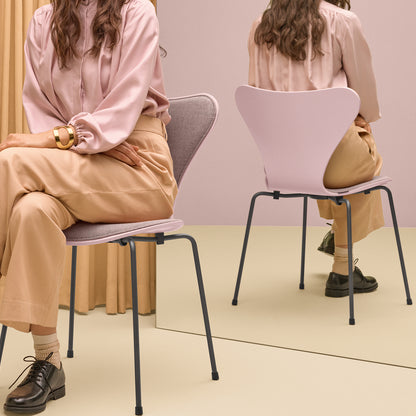 Series 7™ 3107 Dining Chair (Front Upholstered) by Fritz Hansen - Warm Graphite Steel / Front: Re-wool 648 / Back: Pale Rose Lacquered Veneer
