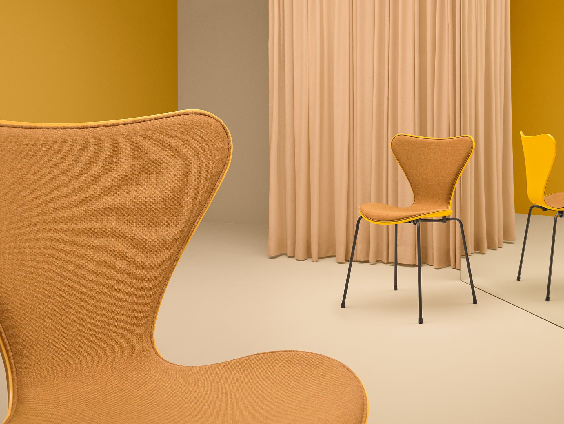 Series 7™ 3107 Dining Chair (Front Upholstered) by Fritz Hansen - Brown Bronze Steel / Front: Remix 3 422 / Back: True Yellow Lacquered Veneer