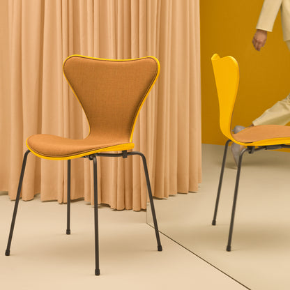 Series 7™ 3107 Dining Chair (Front Upholstered) by Fritz Hansen - Brown Bronze Steel / Front: Remix 3 422 / Back: True Yellow Lacquered Veneer