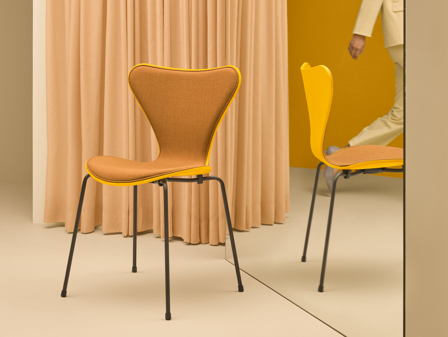 Series 7™ 3107 Dining Chair (Front Upholstered) by Fritz Hansen - Brown Bronze Steel / Front: Remix 3 422 / Back: True Yellow Lacquered Veneer