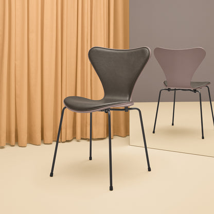 Series 7™ 3107 Dining Chair (Front Upholstered) by Fritz Hansen - Warm Graphite Base / Front: Essential Stone Leather / Back: Deep Clay Lacquered Veneer