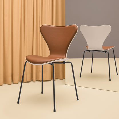 Series 7™ 3107 Dining Chair (Front Upholstered) by Fritz Hansen - Front: Essential Walnut Leather / Back: Light Beige Lacquered Veneer