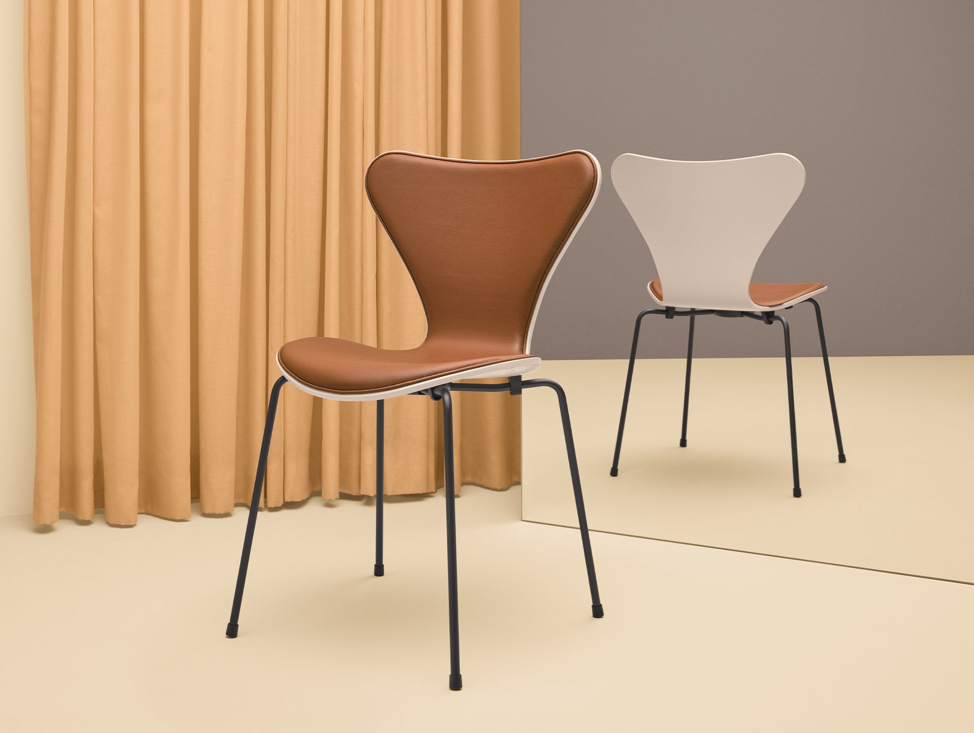 Series 7™ 3107 Dining Chair (Front Upholstered) by Fritz Hansen - Front: Essential Walnut Leather / Back: Light Beige Lacquered Veneer