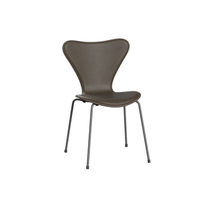 Series 7™ 3107 Dining Chair (Front Upholstered) by Fritz Hansen - Silver Grey Steel / Front: Essential Stone Leather / Back: Deep Clay Lacquered Veneer