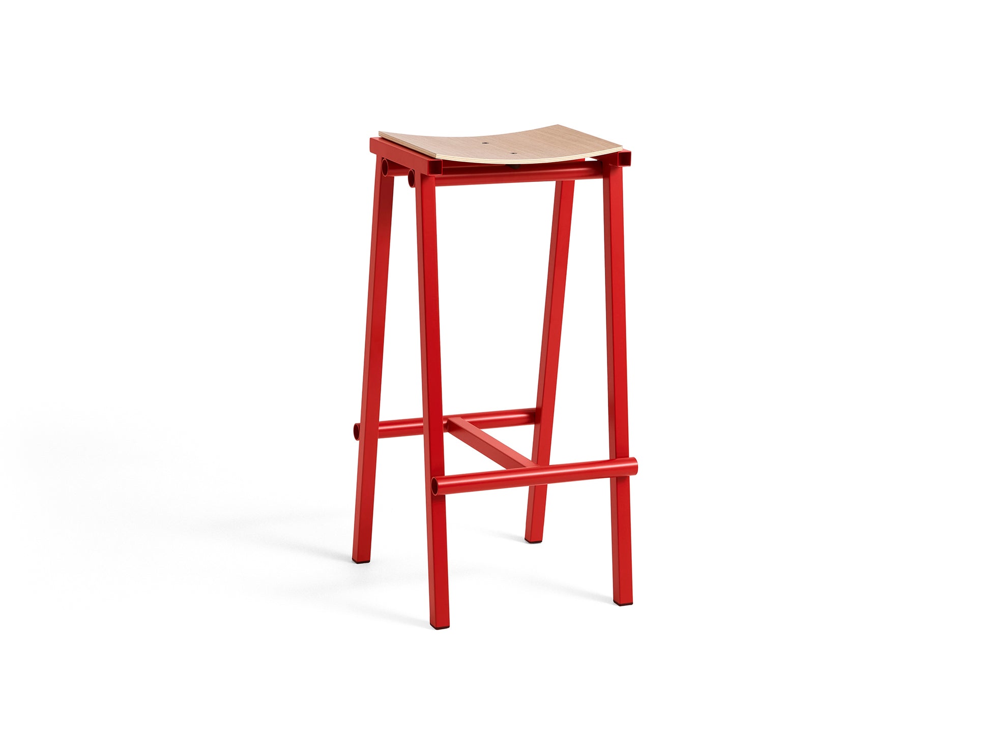 Taburete 8 Bar Stool by HAY - High / Lacquered Oak Seat / Signal Red Base