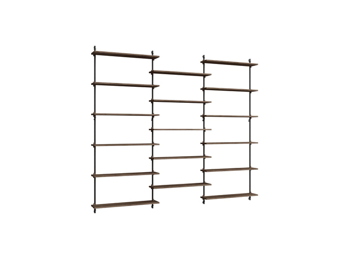 Wall Shelving System Sets (200 cm) by Moebe - WS.200.3 / Black Uprights / Smoked Oak
